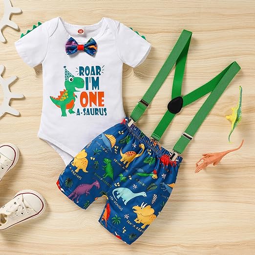 Baby Boy 1st Birthday Outfits Dinosaur Short Sleeve Romper Suspenders PlaydateGY