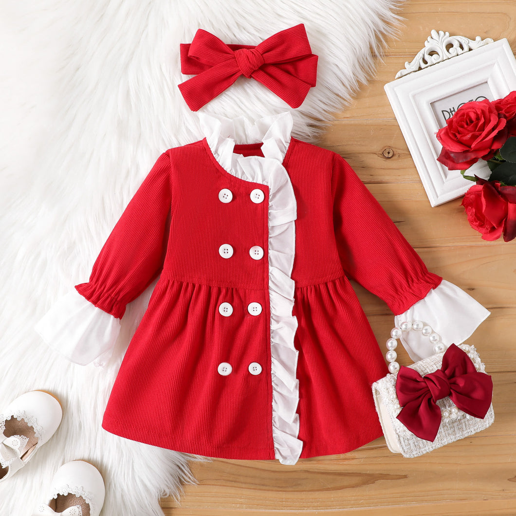 2PCS Baby Girl Sweet Solid Color Fabric Stitching Loose Christmas Dress/ Bowknot  Set