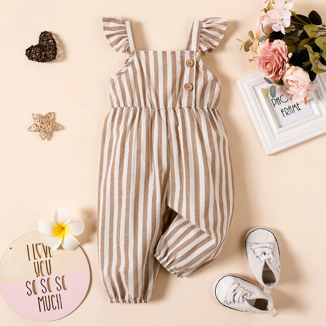 Baby Girl 100% Cotton Solid/Striped/Floral-print Sleeveless Ruffle Jumpsuit