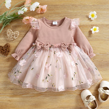 Load image into Gallery viewer, Baby Girl Pink Ribbed Long-sleeve Bowknot Floral Embroidered Mesh Dress
