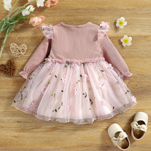 Load image into Gallery viewer, Baby Girl Pink Ribbed Long-sleeve Bowknot Floral Embroidered Mesh Dress
