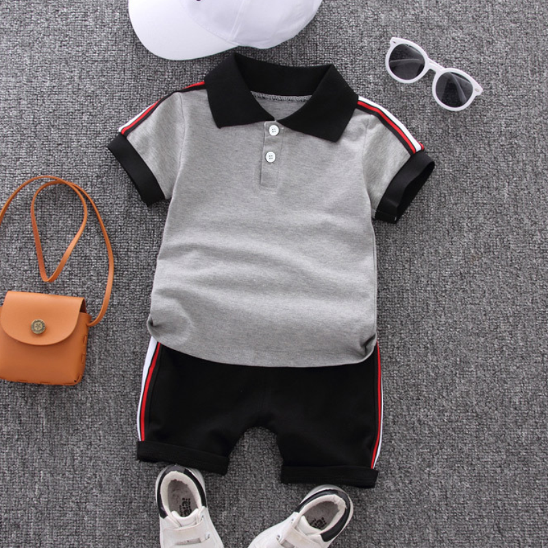 2pcs Toddler Boy Casual Colorblock Striped Polo Shirt and Shorts Set