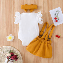 Load image into Gallery viewer, 3pcs Baby Girl Lace Flutter-sleeve Ribbed Romper and Suspender Skirt with Headband Set
