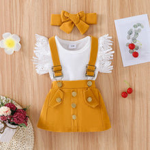 Load image into Gallery viewer, 3pcs Baby Girl Lace Flutter-sleeve Ribbed Romper and Suspender Skirt with Headband Set
