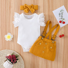 Load image into Gallery viewer, 3pcs Baby Girl Lace Flutter-sleeve Ribbed Romper and Suspender Skirt with Headband Set
