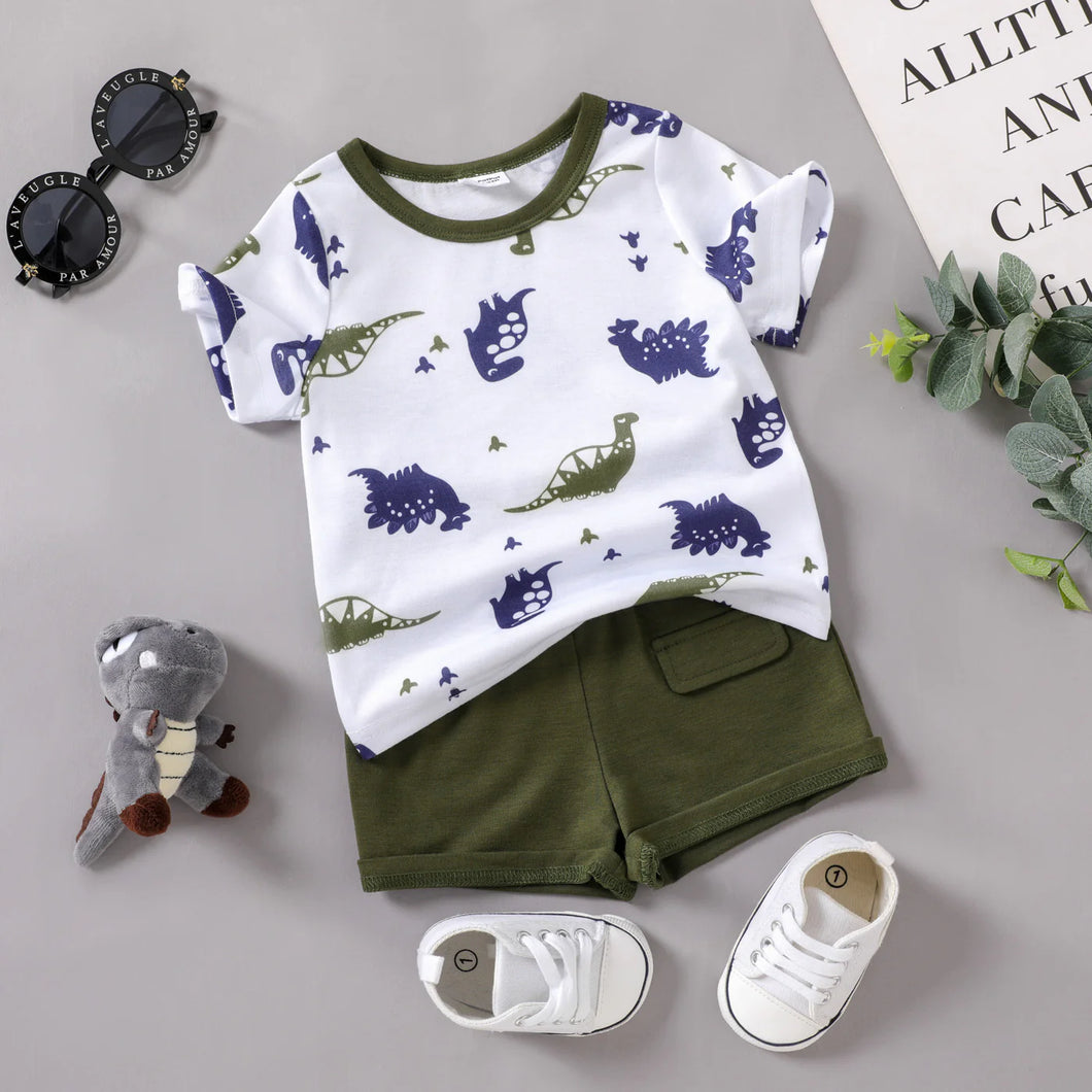 2pcs Baby Boy All Over Dinosaur Print Short-sleeve Tee and Solid Shorts Set