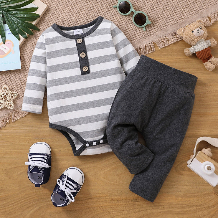 2pcs Baby Boy 100% Cotton Pants and Striped Long-sleeve Romper Set