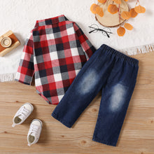 Load image into Gallery viewer, 2pcs Baby Lapel Long-sleeve Shirt Romper and 100% Cotton Ripped Jeans Set
