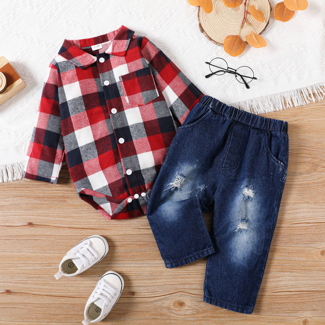 2pcs Baby Lapel Long-sleeve Shirt Romper and 100% Cotton Ripped Jeans Set