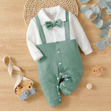 Load image into Gallery viewer, Baby Boy 95% Cotton Long-sleeve Gentleman Bow Tie Decor Solid Spliced Jumpsuit
