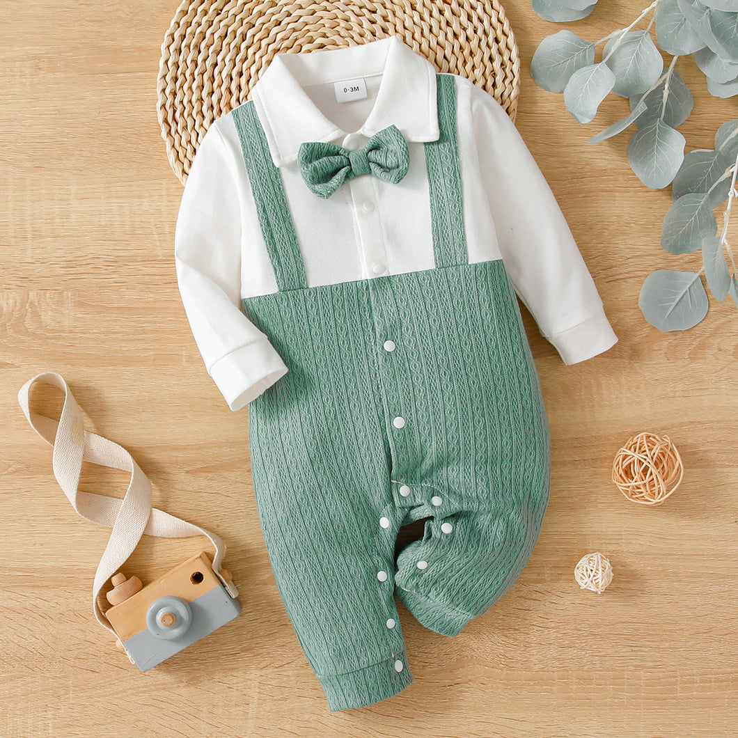 Baby Boy 95% Cotton Long-sleeve Gentleman Bow Tie Decor Solid Spliced Jumpsuit