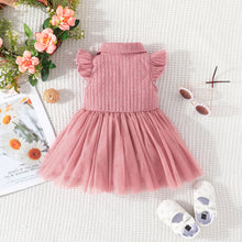 Load image into Gallery viewer, Baby Girl Polo Neck Flutter-sleeve Solid Ribbed Spliced Mesh Dress
