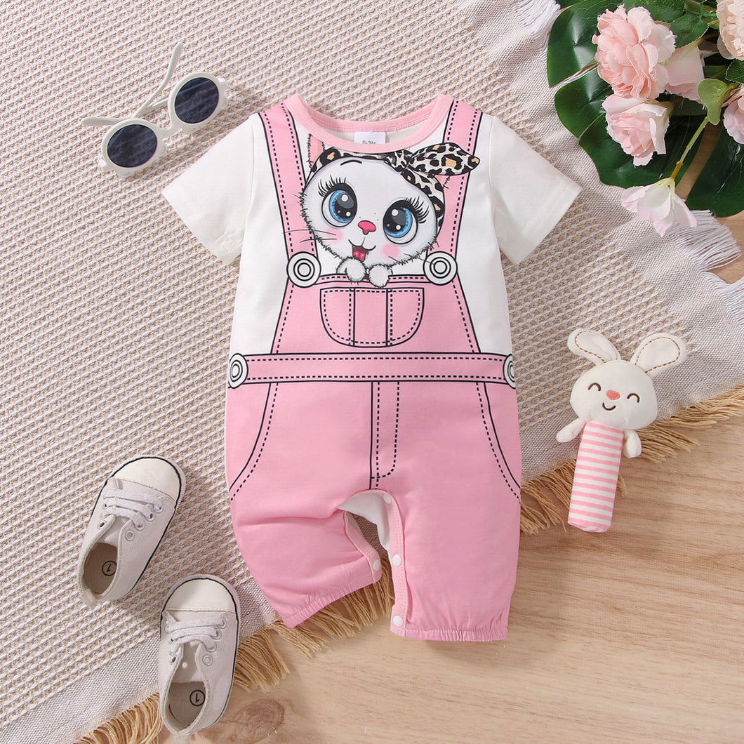 Baby Girl Cat Print Short-sleeve Faux-two Jumpsuit