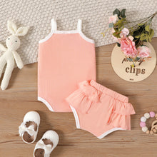 Load image into Gallery viewer, Easter 2pcs Baby Girl Rabbit Embroidered Ribbed Cami Romper and Layered Ruffle Trim Shorts Set
