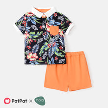 Load image into Gallery viewer, 2pcs Baby Boy 100% Cotton Solid Shorts and Short-sleeve Allover Floral Print Naia Polo Shirt Set
