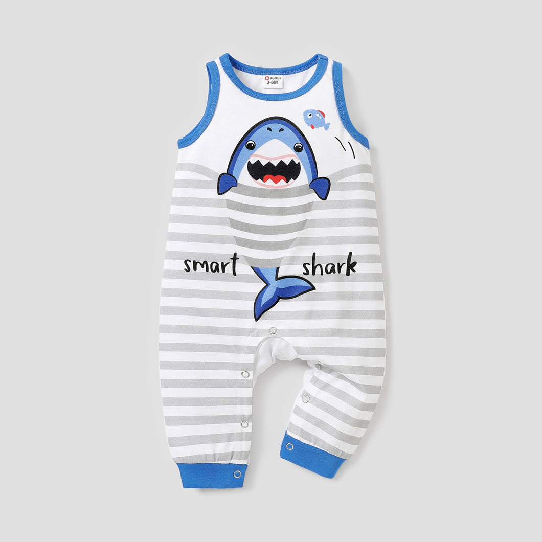 Baby Boy 100% Cotton Shark & Letter Print Striped Sleeveless Jumpsuit