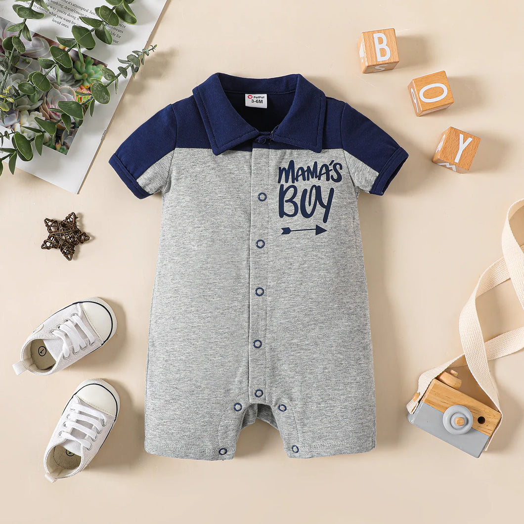 Baby Boy Cotton Letter Print Colorblock Polo Neck Short-sleeve Romper