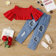 Load image into Gallery viewer, 2pcs Toddler Girl Off Shoulder Smocked Bell sleeves Blouse and Ripped Denim Jeans Set
