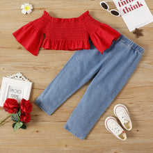 Load image into Gallery viewer, 2pcs Toddler Girl Off Shoulder Smocked Bell sleeves Blouse and Ripped Denim Jeans Set
