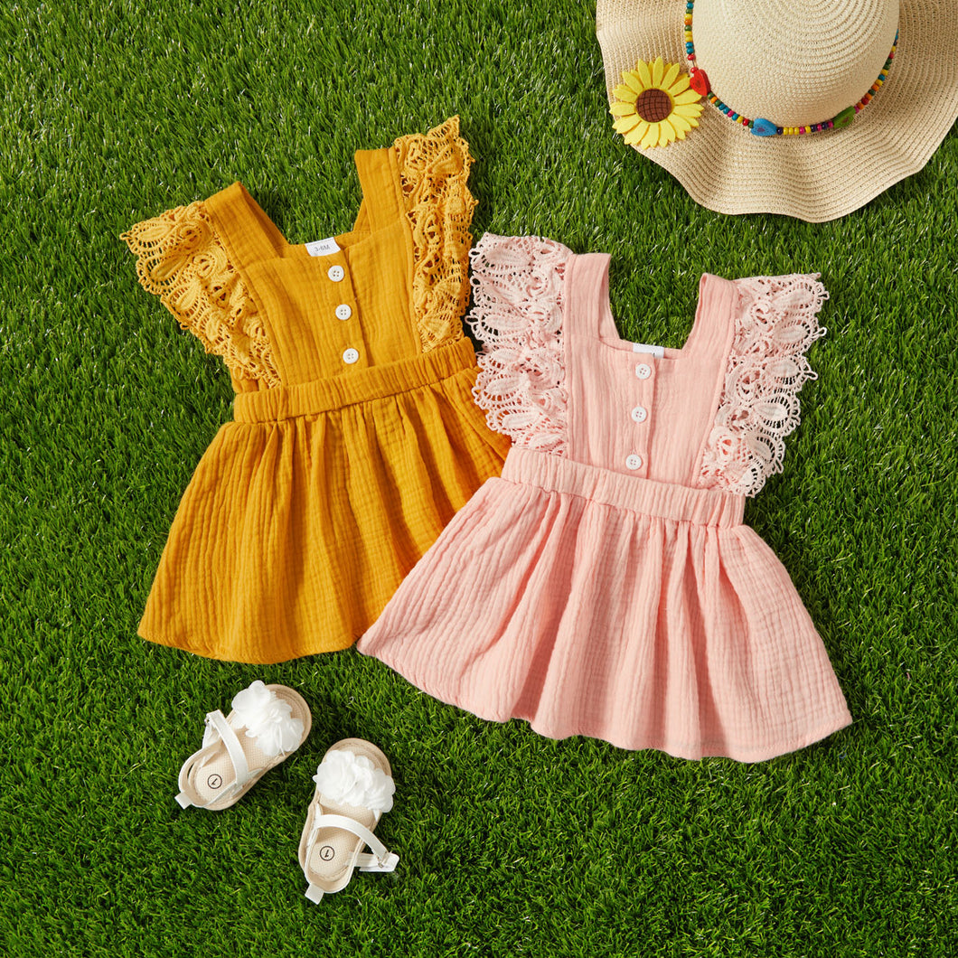 Baby Girl 100% Cotton Crepe Lace Decor Sleeveless Dress