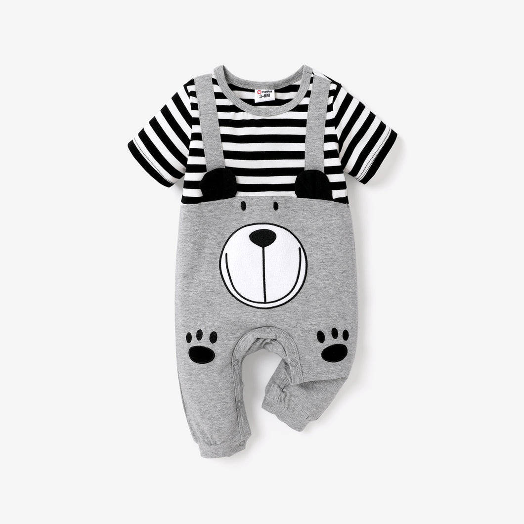 Baby Boy 95% Cotton Striped Short-sleeve Spliced 3D Ears Animal Graphic Jumpsuit