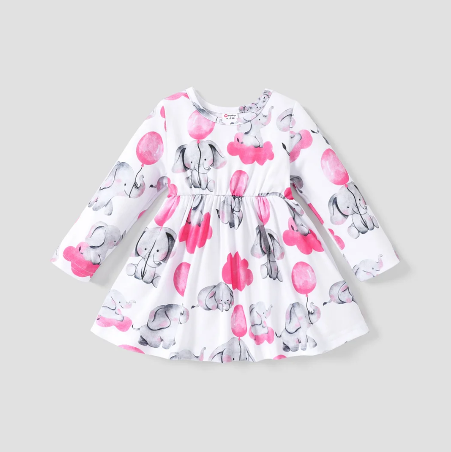 Baby Girl All Over Cartoon Elephant and Pink Balloon Print Long-sleeve Dress