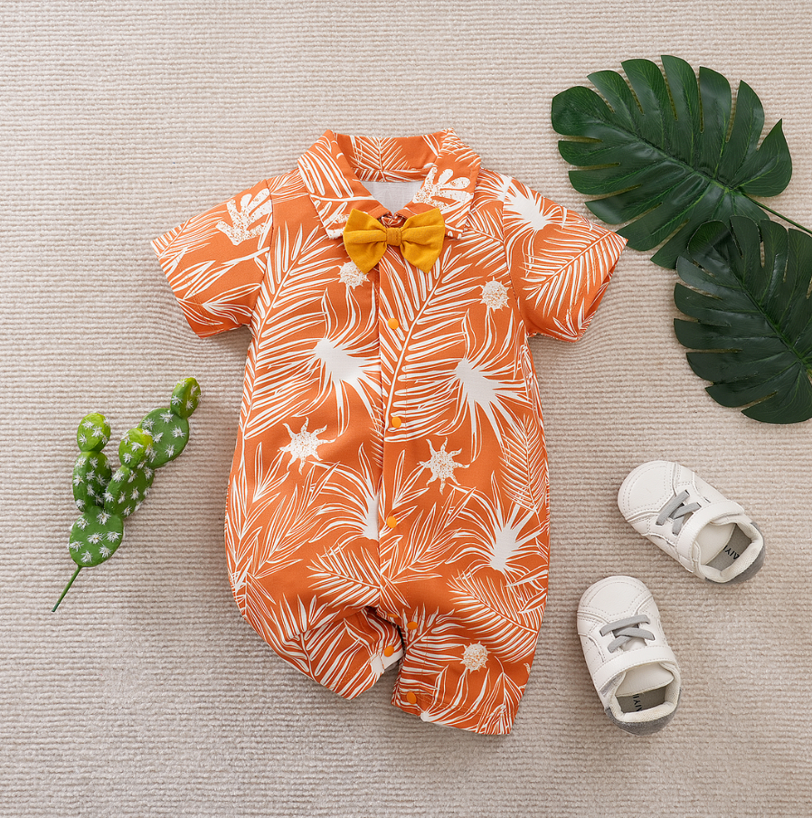 Baby Boy Bohemia Tropical Floral Pattern Short Sleeve Jumpsuit