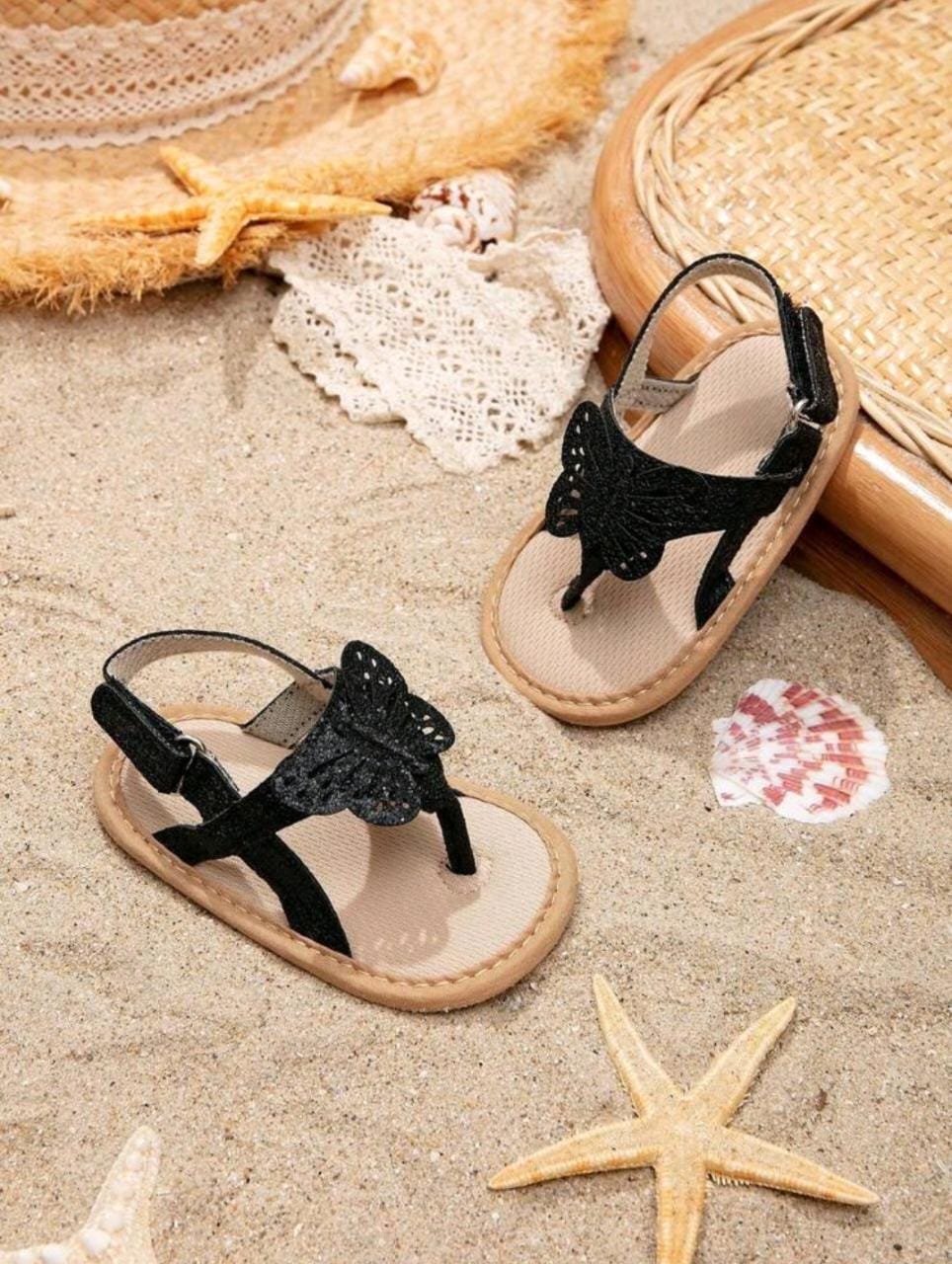 Black Breathable & Simple Indoor Baby Girl Sandals With Butterfly Décor