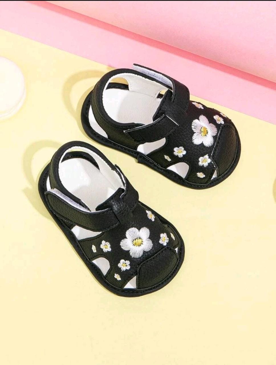 Baby Girls Hollow Out Flower Embroidery Hook-and-loop Fastener Ankle Strap Sandals For Summer