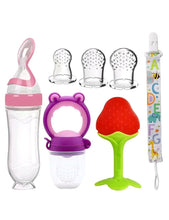 Load image into Gallery viewer, 7 pcs Teether Pacifier Baby Feeding Set, Silicone Feeding Bottle with Spoon, Fresh Food Feeder Pacifier, Strawberry Teether, Pacifier Chain Clips Holder, Kids Feeding Teething Toy Set

