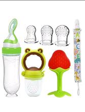 Load image into Gallery viewer, 7 pcs Teether Pacifier Baby Feeding Set, Silicone Feeding Bottle with Spoon, Fresh Food Feeder Pacifier, Strawberry Teether, Pacifier Chain Clips Holder, Kids Feeding Teething Toy Set
