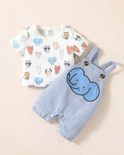 Load image into Gallery viewer, Baby Boy Cartoon Graphic Tee &amp; Striped Print Overall Romper
