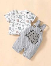 Load image into Gallery viewer, Baby Boy Cartoon Graphic Tee &amp; Striped Print Overall Romper
