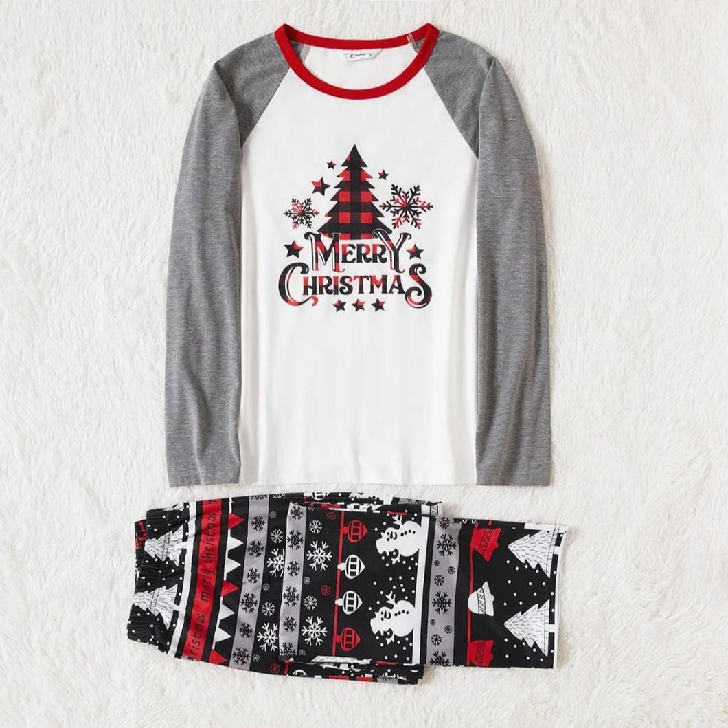 Christmas Tree Snowflake and Letters Print Grey Family Matching Long-sleeve Pajamas Sets