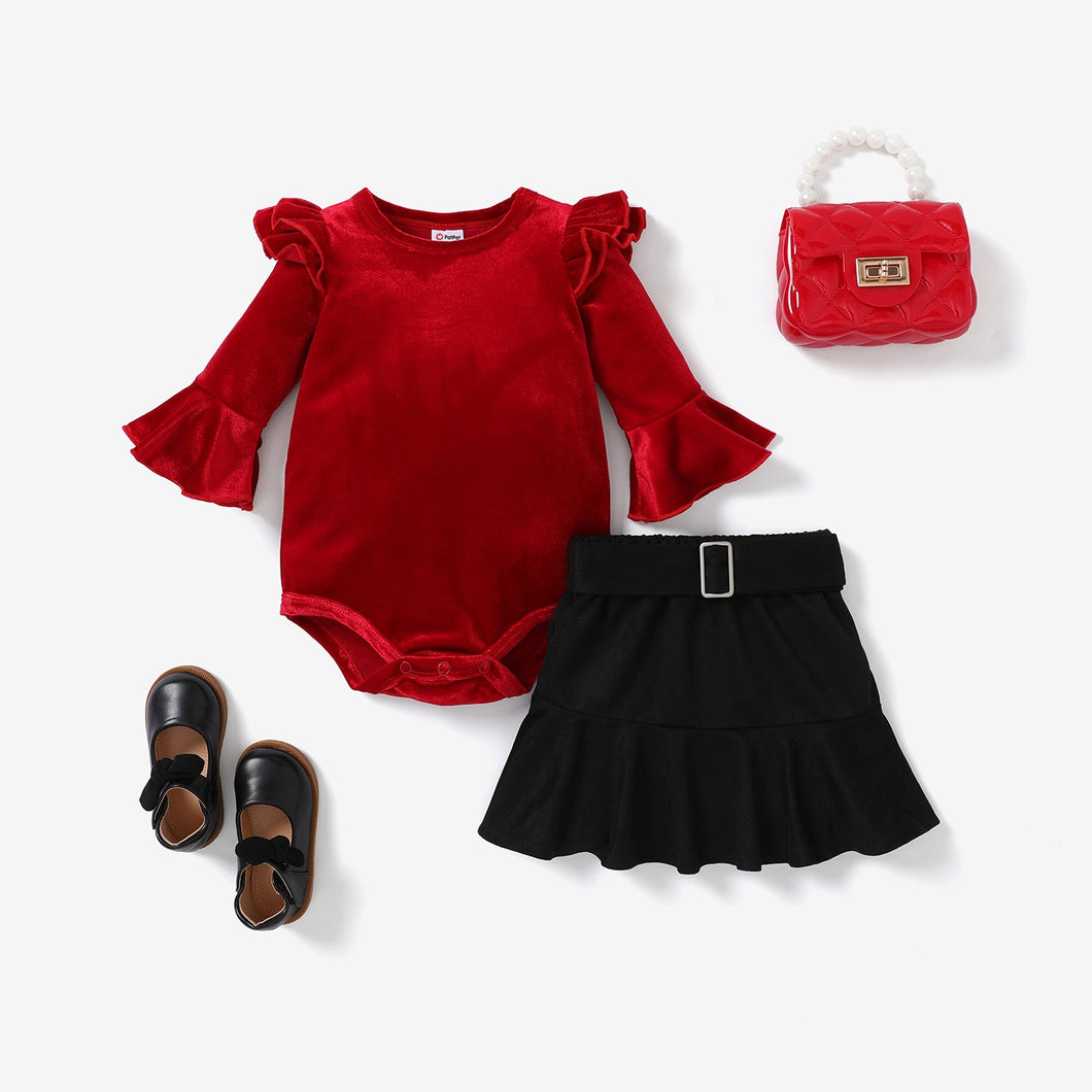 Baby Girl Christmas Solid Romper/ Skirt Set