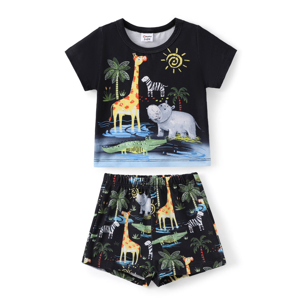 2pcs Baby Boy Childlike Animal Pattern Tee and Shorts Set