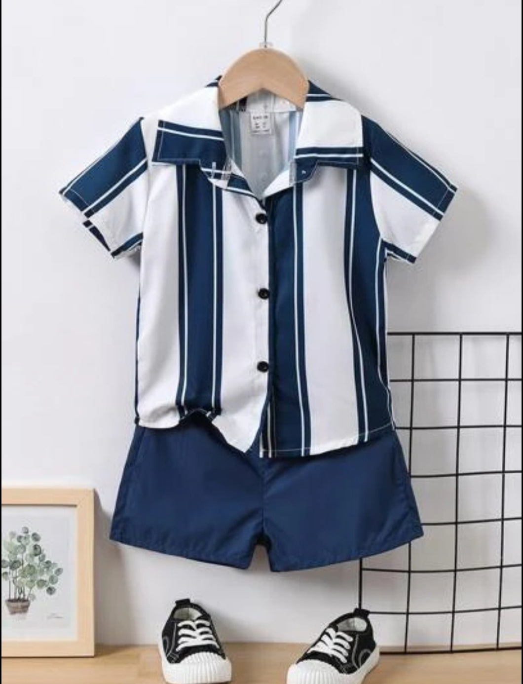 2 pcs blue and white stripe pants and shirt set for boys