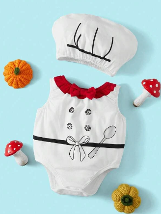 Baby Boy Bow Print Ruffle Trim Bow Front Costume Bodysuit & Hat