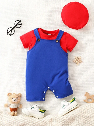 Baby Boy Solid Tee & Overall Romper & Hat