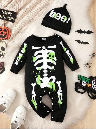 Baby Boy Halloween Skeleton Print Jumpsuit & Hat