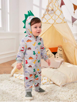 Baby Boy Dinosaur Print 3D Patched Hooded Jumpsuit