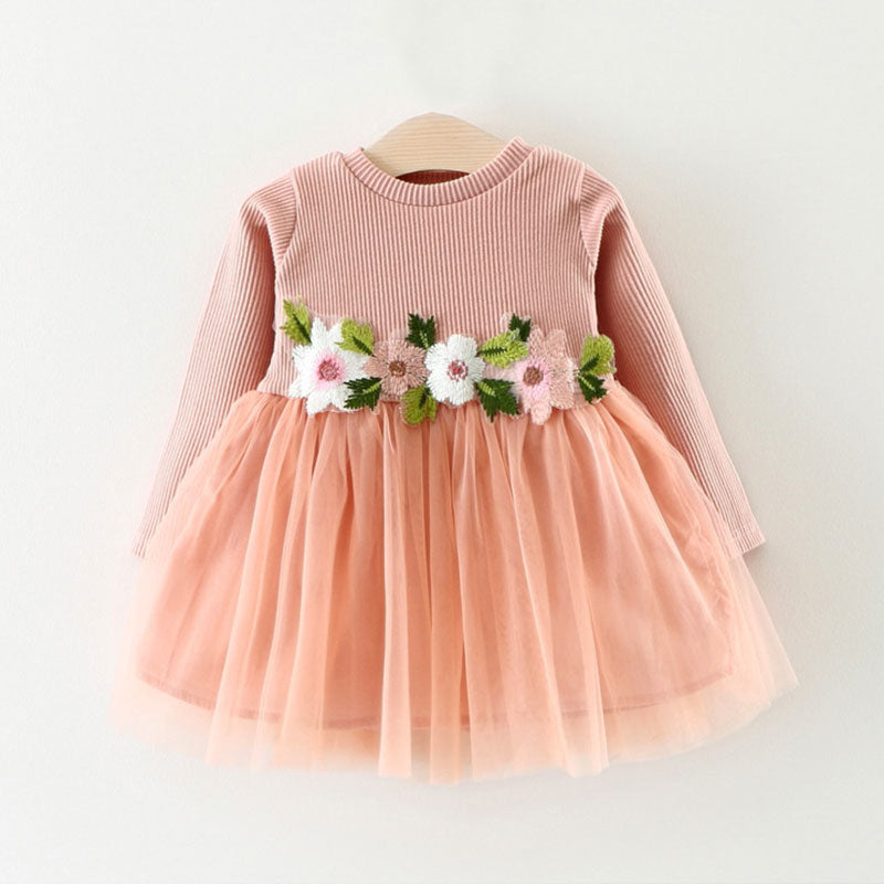 Jersey Cotton Long-sleeve Tutu Dress with Flower Decor Waist for Baby and Toddler Girls