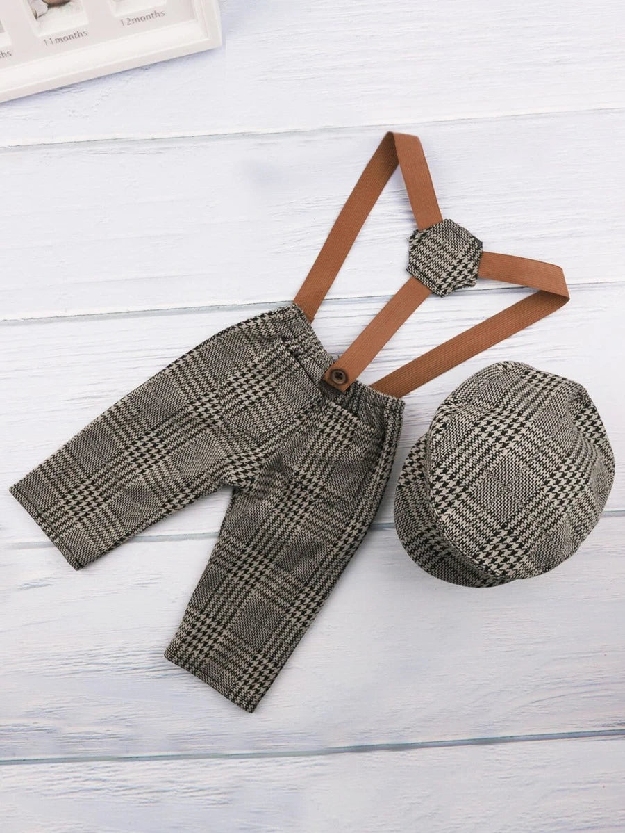 Newborn Glen Plaid Suspender Pants With Hat Photography Prop