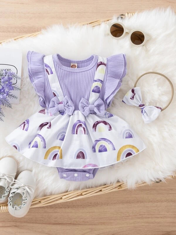 Baby Rainbow Print Ruffle Trim Bow Front Body Suit and Headband