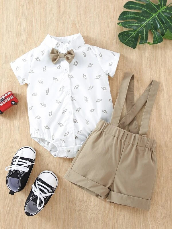 Baby Dinosaur Print Bow Front Shirt Bodysuit & Pinafore Shorts