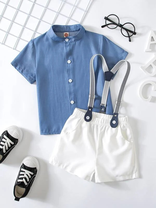 Toddler Boys button Front Shirt & Pinafore Shorts