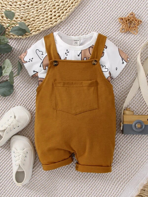 Baby Elephant Print Bodysuit & Patched Pocket Overall Romper