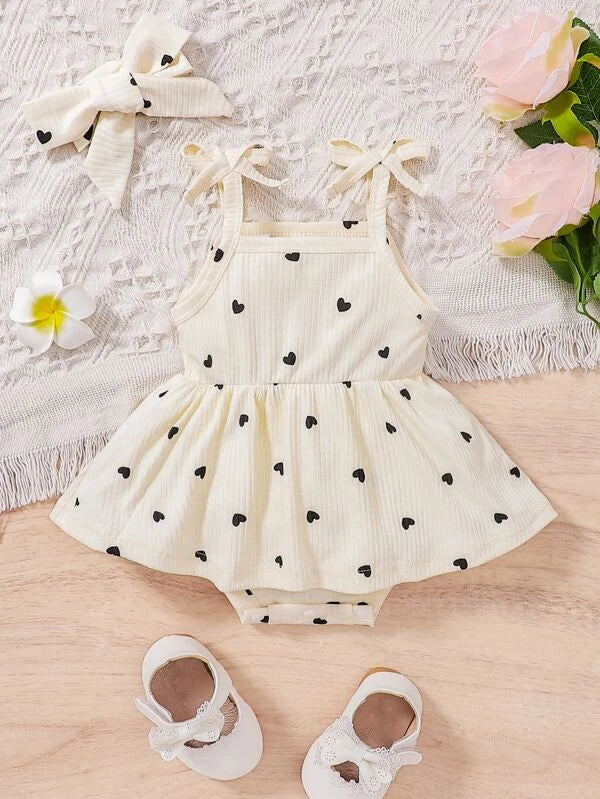 Baby Heart Print Cami Combo Bodysuit Dress and Headband