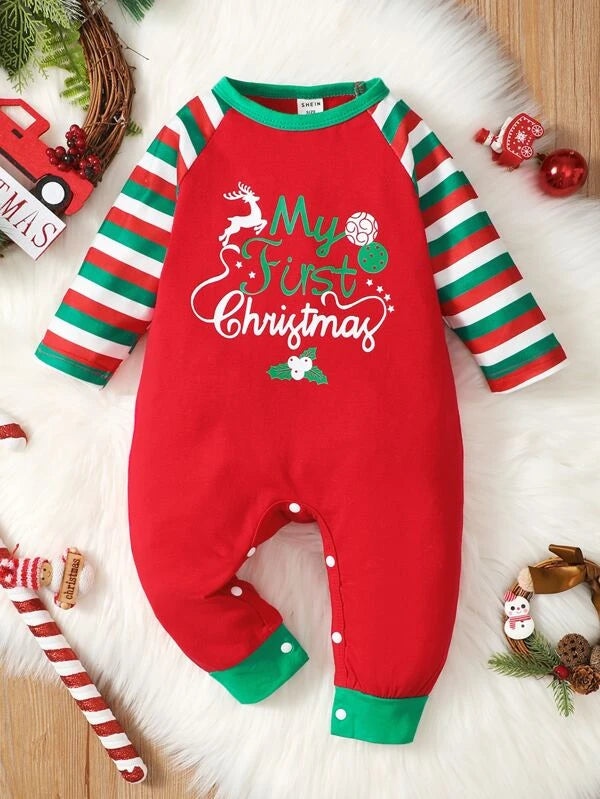 Baby Christmas And Striped Print Raglan Sleeve Tee Jumpsuit