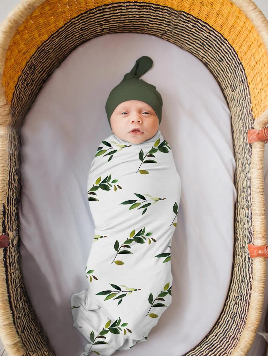 Newborn Plant Print Wrap Blanket & Hat Photo Outfit